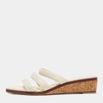 Pre Owned Jimmy Choo Cream Leather Cork Wedge Slides Size 38 