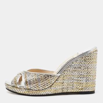 Pre Owned Jimmy Choo Metallic Woven Raffia Almer Wedge Sandals Size 40