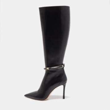 Pre Owned Jimmy Choo Black Leather Dreece Kb 95 Knee Length Boots Size 38.5