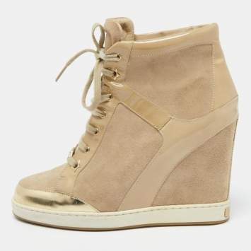 Pre Owned Jimmy Choo Beige Suede and Leather Panama Wedge Sneakers Size 39