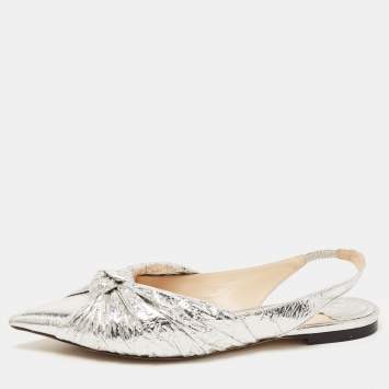 Pre Owned Jimmy Choo Silver Foil Leather Blare Knotted Slingback Flat Sandals Size 39