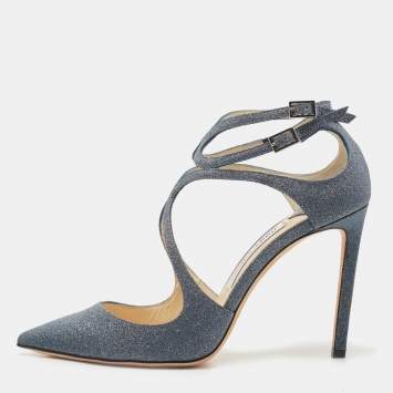 Pre Owned Jimmy Choo Dark Grey Glitter Lancer Strappy Sandals Size 38.5