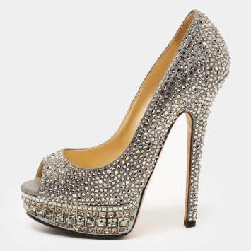 Pre Owned Jimmy Choo Metallic Grey Crystal Embellished Suede Peep Toe Platform Pumps Size 36