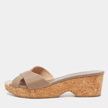 Pre Owned Jimmy Choo Beige Leather Prima Cork Wedge Sandals Size 38.5