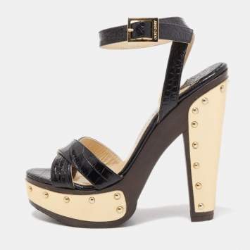 Pre Owned Jimmy Choo Black Croc Embossed Ultimate Wooden Ankle Strap Platform Sandals Size 36