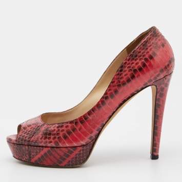 Pre Owned Jimmy Choo Red/Black Watersnake Leather Peep Toe Platform Pumps Size 37.5