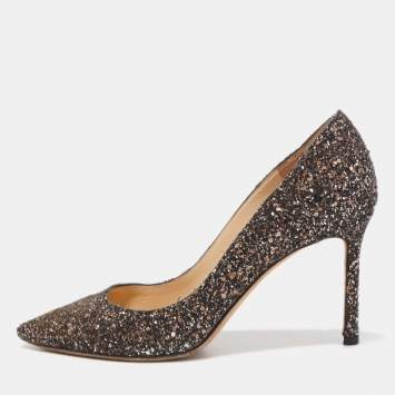 Pre Owned Jimmy Choo Black Coarse Glitter Romy Pointed Toe Pumps Size 37