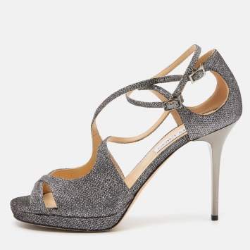 Pre Owned Jimmy Choo Metallic Grey Lurex Fabric Strappy Platform Sandals Size 39.5
