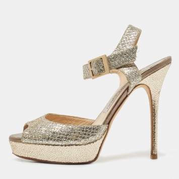 Pre Owned Jimmy Choo Gold Glitter Ankle Strap Platform Sandals Size 38.5