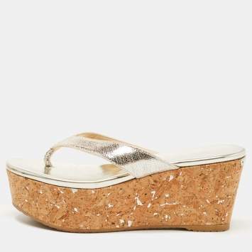 Pre Owned Jimmy Choo Metallic Laminated Suede Paque Thong Sandals Size 39.5