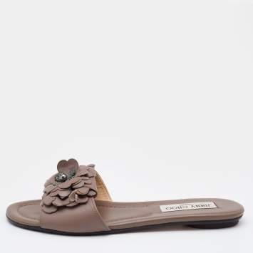 Pre Owned Jimmy Choo Old Rose Leather Crystal Embellished Flat Slides Size 37