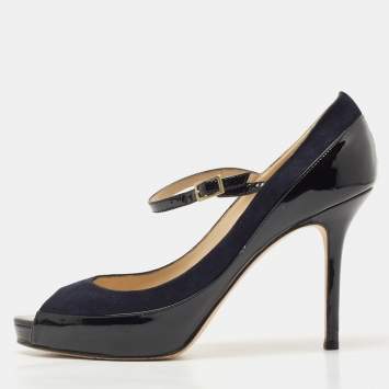 Pre Owned Jimmy Choo Black/Navy Blue Patent and Nubuck Leather Peep Toe Mary Jane Pumps Size 38