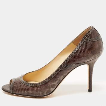 Pre Owned Jimmy Choo Two Tone Karung Leather Peep Toe Pumps Size 38
