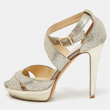 Pre Owned Jimmy Choo Gold Glitter Lace Kuki Platform Ankle Strap Sandals Size 40