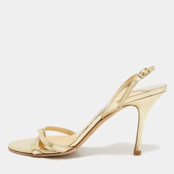 Pre Owned Jimmy Choo Gold Foil Leather Criss Cross Ankle Strap Sandals Size 37.5