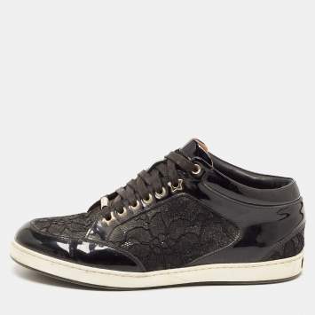 Pre Owned Jimmy Choo Black Patent Leather and Glitter Lace Miami Sneakers Size 38.5