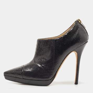 Pre Owned Jimmy Choo Black Python Leather Peep-Toe Ankle Booties Size 38.5