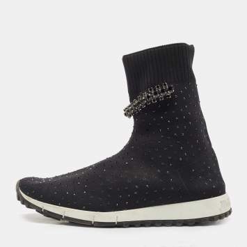 Pre Owned Jimmy Choo Black Crystal Embellished Knit Fabric Regena High Top Sneakers Size 38