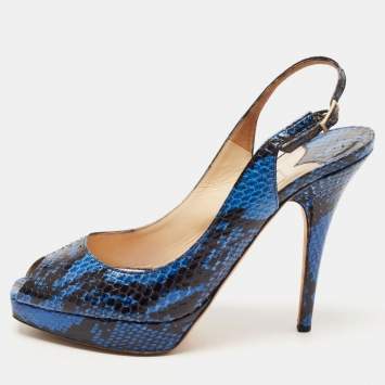 Pre Owned Jimmy Choo Black/Blue Python Leather Peep Toe Platform Slingback Sandals Size 38.5