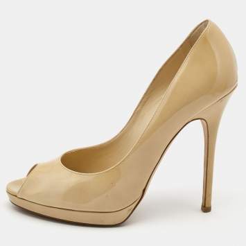 Pre Owned Jimmy Choo Beige Patent Leather Luna Peep Toe Pumps Size 39