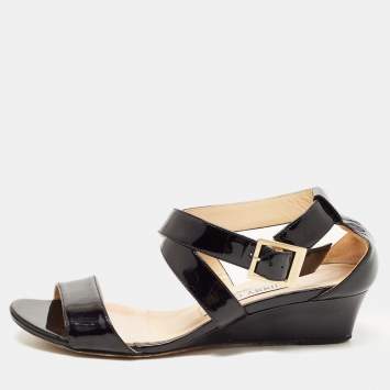 Pre Owned Jimmy Choo Black Patent Leather Cross Strap Slingback Sandals Size 35