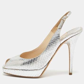 Pre Owned Jimmy Choo Silver Python Embossed Leather Nova Slingback Sandals Size 38