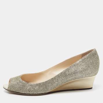 Pre Owned Jimmy Choo Metallic Gold Glitter Fabric Baxen Peep Toe Wedges Pumps Size 37