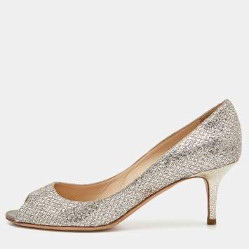 Pre Owned Jimmy Choo Gold Lurex Fabric Evelyn Open Toe Pumps Size 37.5