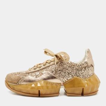Pre Owned ijmmy Choo Metallic Leather and Coarse Glitter Diamond Sneakers Size 39
