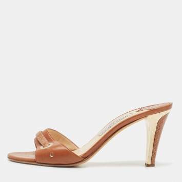 Pre Owned Jimmy Choo Brown Snakeskin Embossed, and Leather Slides Size 38.5 