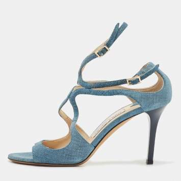 Pre Owned Jimmy Choo Blue Texture Suede Lang Ankle Strap Sandals Size 36.5