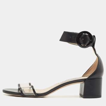 Pre Owned Jimmy Choo Black Leather and PVC Block Heel Ankle Strap Sandals Size 39