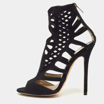 Pre Owned Jimmy Choo Black Leather Suede Cut Out Ankle Booties Size 37