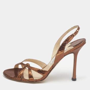Pre Owned Jimmy Choo Metallic Embossed Snakeskin Slingback Sandals Size 39