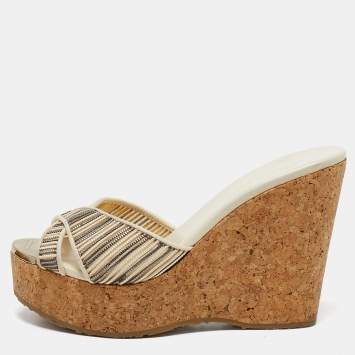 Pre Owned Jimmy Choo Cream/Grey Leather and Mesh Pandora Wedge Sandals Size 35.5