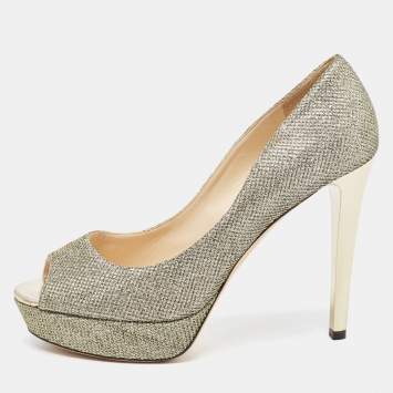 Pre Owned Jimmy Choo Gold Glitter Peep Toe Pumps Size 38