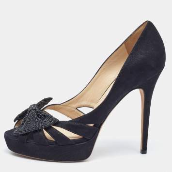 Pre Owned  Jimmy Choo Black Suede Taja Crystal Embellished Bow Peep Toe Pumps Size 40
