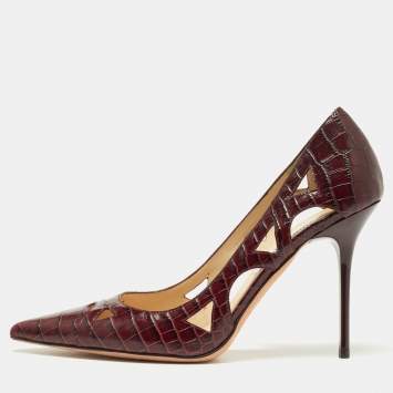 مملوكة مسبقًا Jimmy Choo Burgundy Croc Embossed Leather Love Pumps Size 37