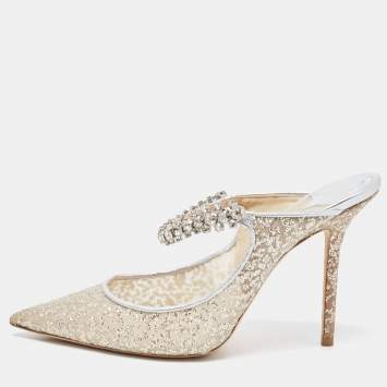 Pre Owned Jimmy Choo Metallic Glitter Mesh and Leather Bing Crystal Embellished Mules Size 39