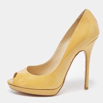 Pre Owned Jimmy Choo Yellow Patent Leather Quiet Peep Toe Pumps Size 37