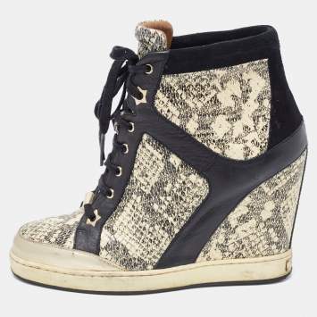 Pre Owned Jimmy Choo Cream/Black Python Embossed And Leather  Wedge Sneakers Size 38