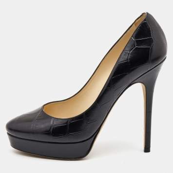 Pre Owned Jimmy Choo Black Croc Embossed Leather Cosmic Platform Pumps Size 38