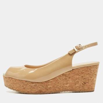 Pre Owned Jimmy Choo Beige Patent Leather Cork Wedge Sandals Size 40.5