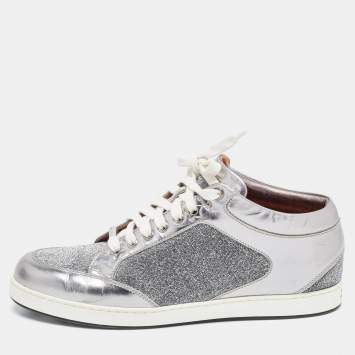 Pre Owned Jimmy Choo Silver Leather and Lurex Fabric Miami Sneakers Size 38.5