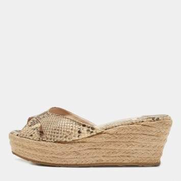 Pre Owned Jimmy Choo Beige Python Embossed Leather Prima Wedge Sandals Size 39