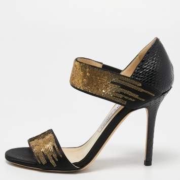 Pre Owned Jimmy Choo Black Snakeskin and Satin Ankle Strap Sandals Size 36.5