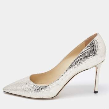 مملوكة مسبقًا Jimmy Choo Silver Embossed Snakeskin Romy Pumps Size 40