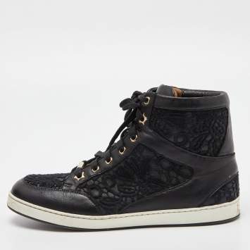 Pre Owned Jimmy Choo Black Lace and Leather Tokyo High Top Sneakers Size 38.5