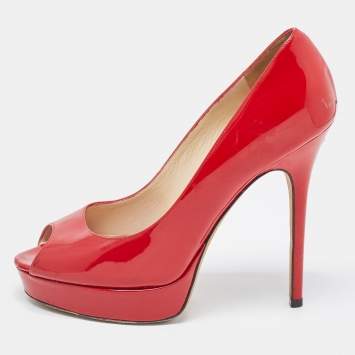 Pre Owned Jimmy Choo Red Patent Leather Peep Toe Crown Pumps Size 38