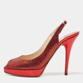 Pre Owned Jimmy Choo Red Glitter and Lame Leather Slingback Pumps Size 39 